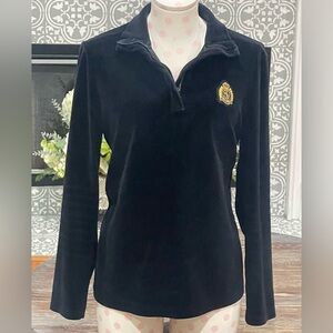 Vintage LAUREN RALPH LAUREN Black Velour 1/4 Zip Pullover w/Gold Crest - Small